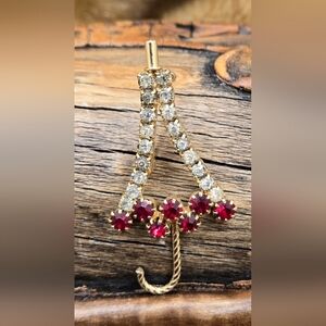 Umbrella Brooch w/ Clear & Red Crystals Prong & Fold Settings Vintage 2" X 1"